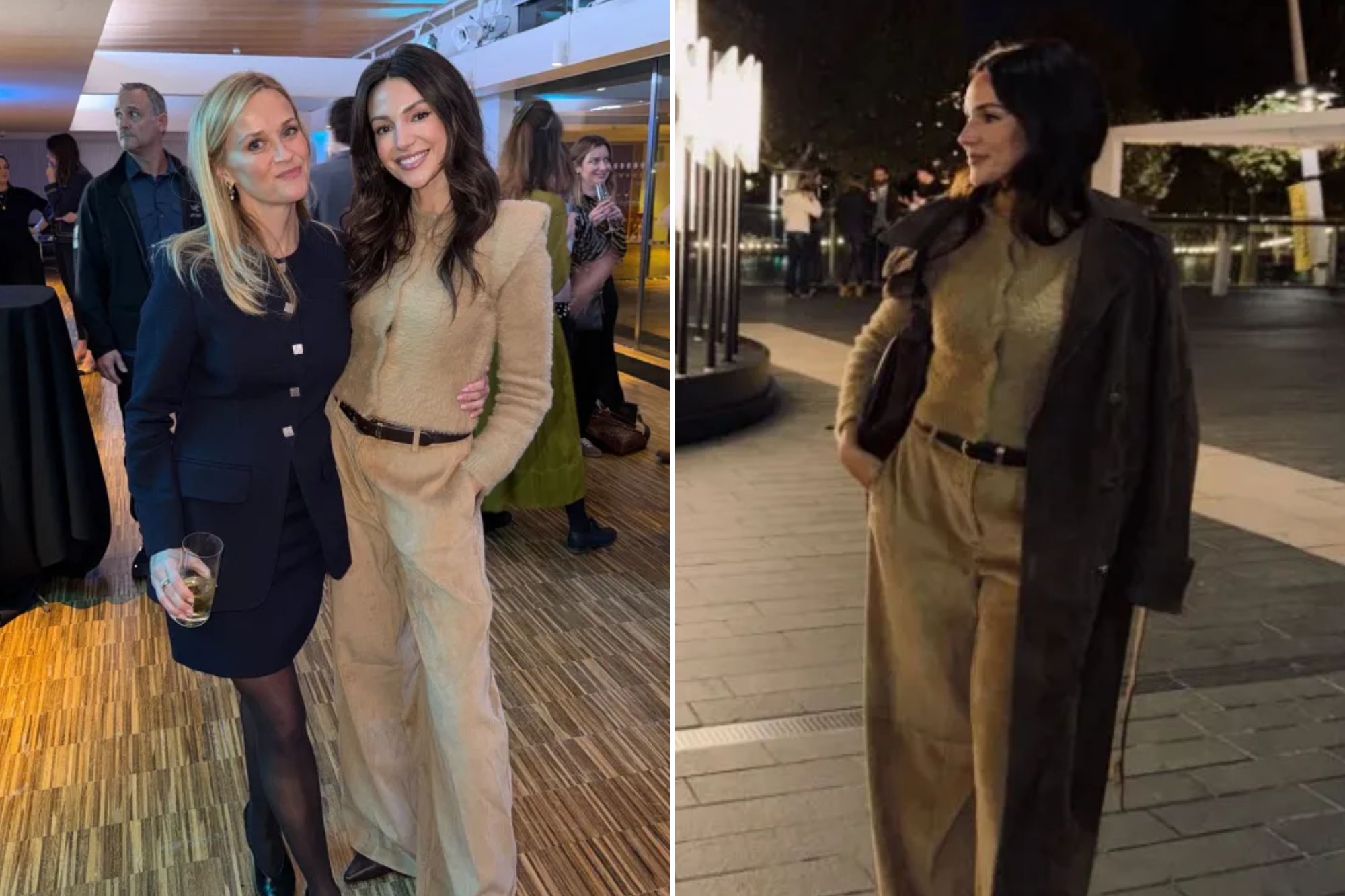 An image collage containing 2 images, Image 1 shows Michelle Keegan with Reese Witherspoon at the Gone Before Goodbye book event, Image 2 shows Michelle Keegan in a trench coat and wide-leg trousers