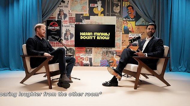 Prince Harry was left laughing - and slightly red-faced - after being gently teased about his royal past and life in the US during an appearance on comedian Hasan Minhaj's show