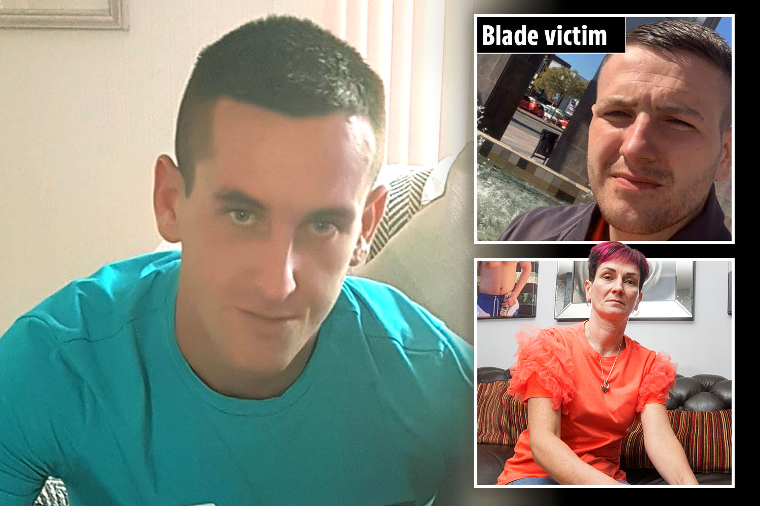 Collage of three photos: a man in a blue shirt, another man labeled "Blade victim," and a woman in an orange top.