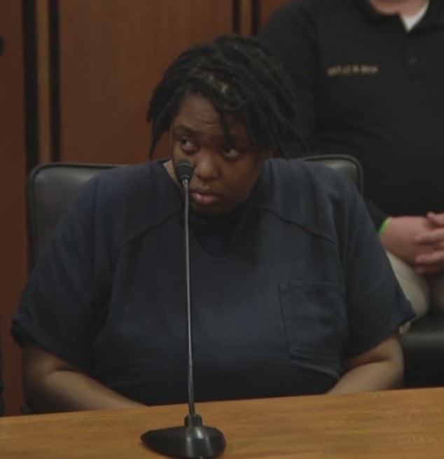 Bionca Ellis, seen in court Monday, has been sentenced to life without parole for the June 2024 murder of Julian Wood - a three-year-old boy she did not know who she stabbed to death in a supermarket parking lot