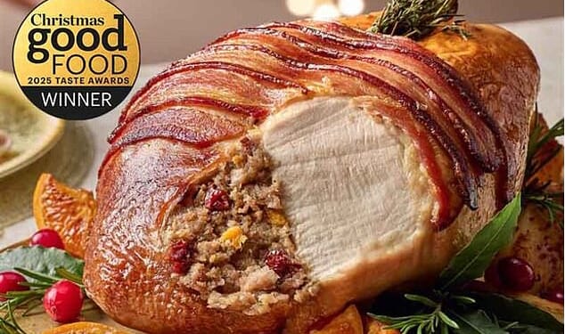 Sainsbury's Turkey Crown (pictured) was branded a 'showstopper' for its 'golden, glossy glaze and crispy bacon'