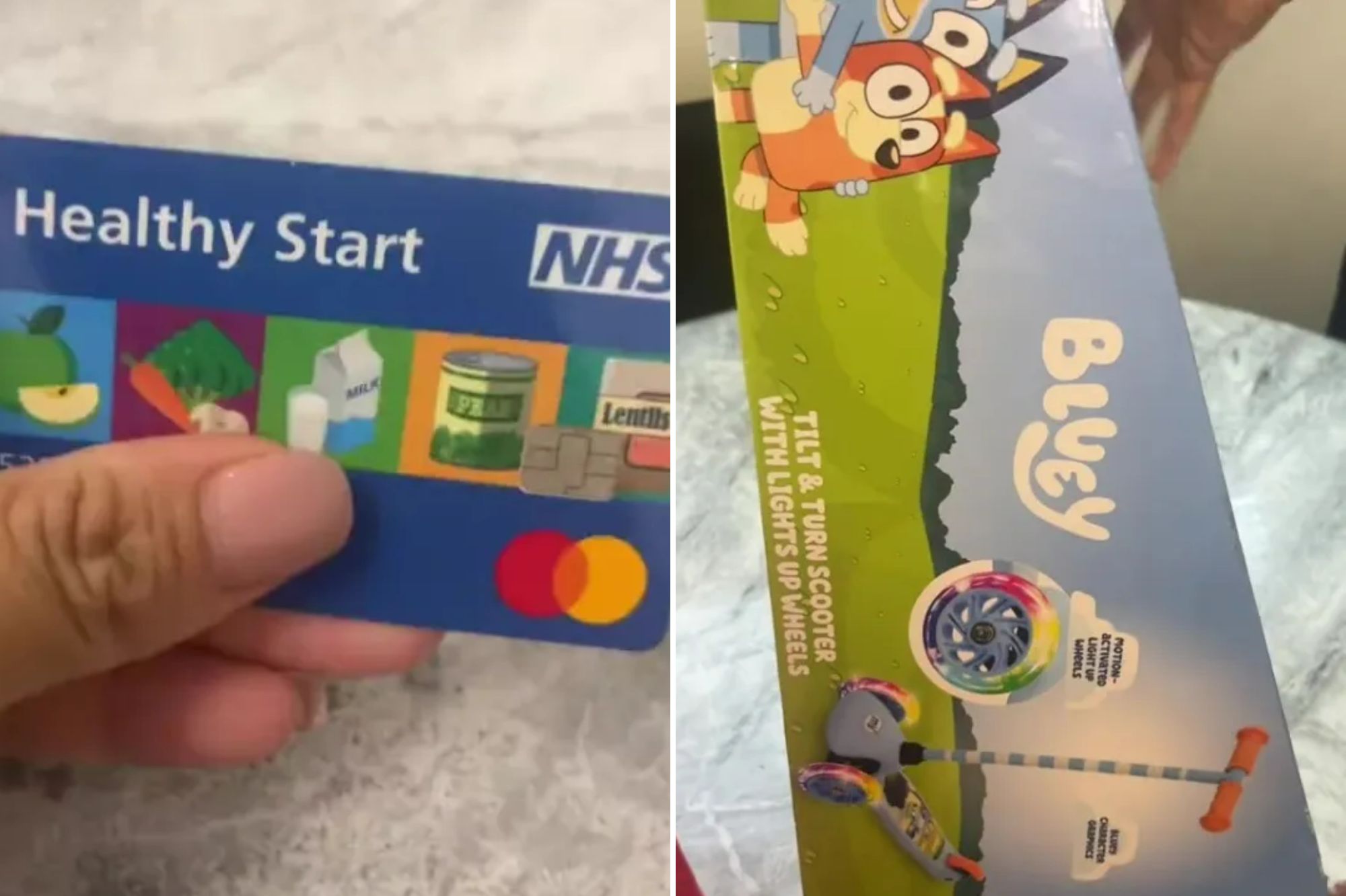 An image collage containing 2 images, Image 1 shows Hand holding an NHS Healthy Start card, Image 2 shows A "Bluey Tilt & Turn Scooter with Lights Up Wheels" in its packaging