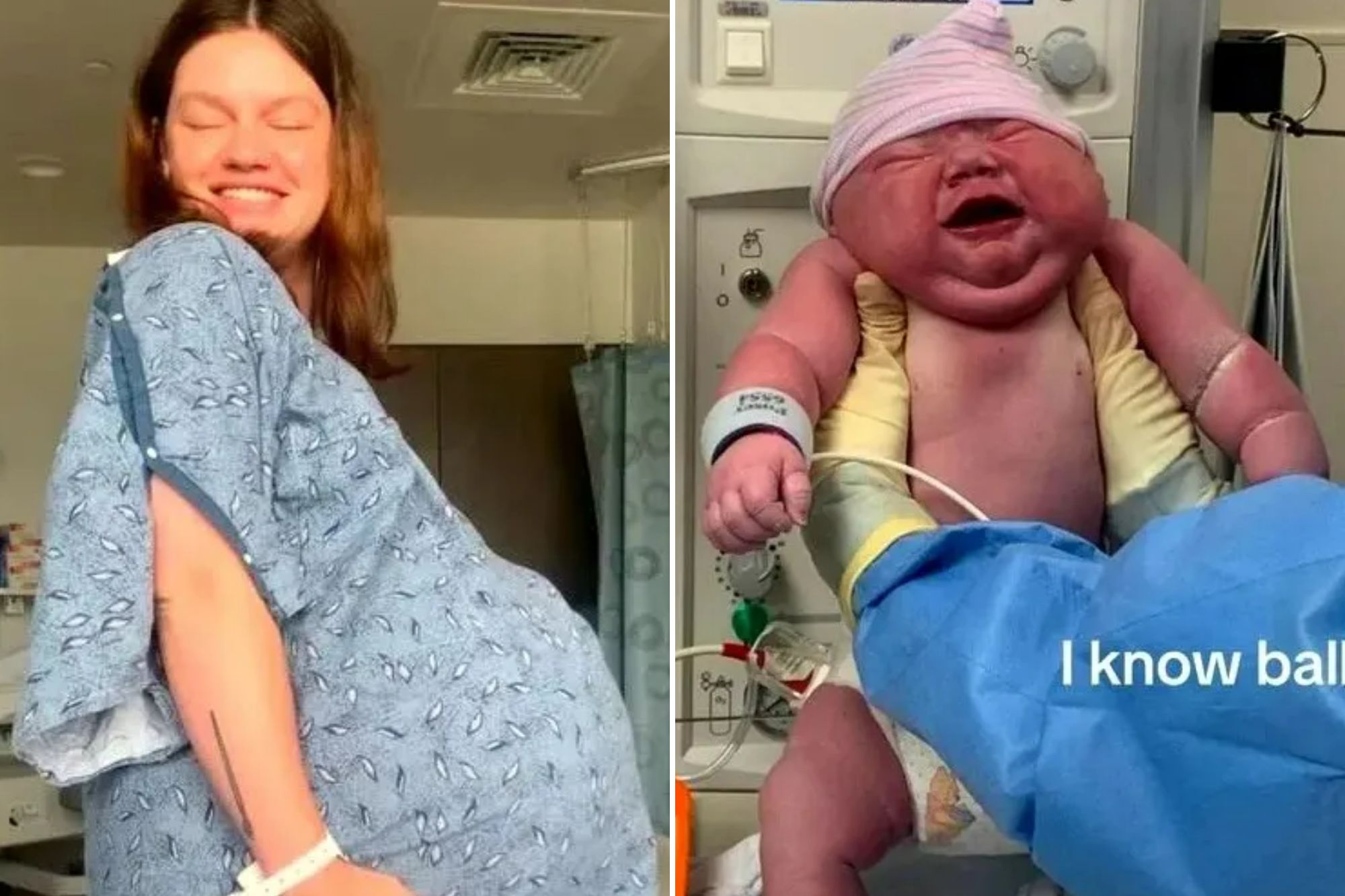 An image collage containing 2 images, Image 1 shows A woman in a hospital gown holding her very large pregnant belly, Image 2 shows A newborn baby wearing a pink and white striped hat, crying while being held by a person in blue scrubs. The baby is reddish and appears quite large. In the background, a medical monitor displays "12 lb 14 oz" which is also text overlayed on the image. Below the baby, the text "I know ball" is overlaid on the blue scrubs
