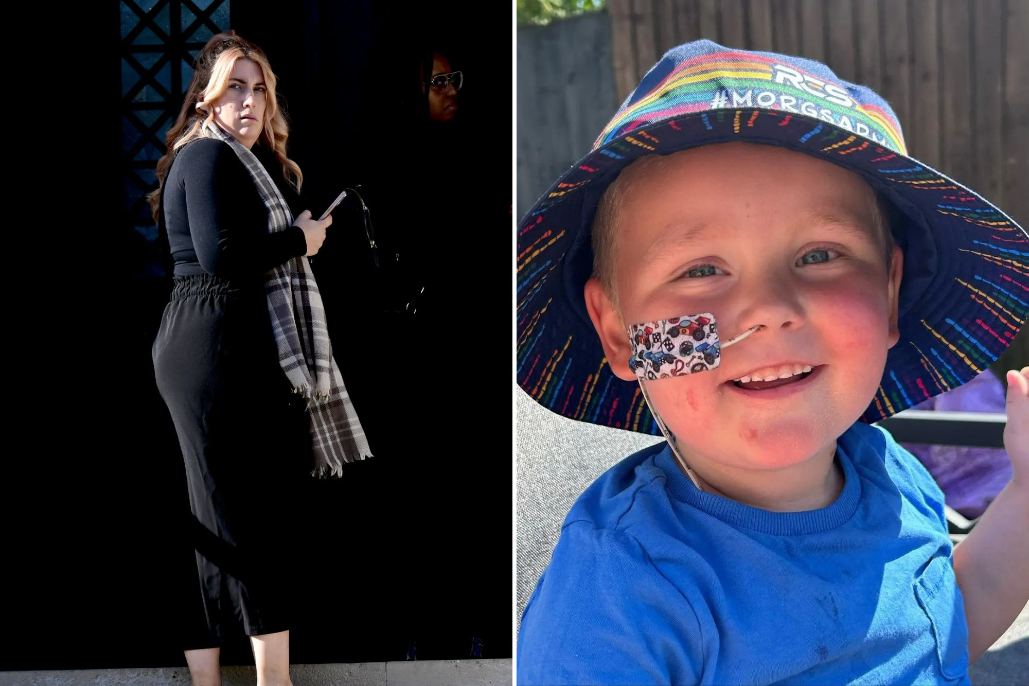 An image collage containing 2 images, Image 1 shows Charlotte Blackwell, looking towards the camera, wearing a black long-sleeved top, black trousers and a plaid scarf, holding a phone in her right hand, Image 2 shows Morgan Ridler, a boy who died of cancer at age three, wearing a rainbow bucket hat and a feeding tube
