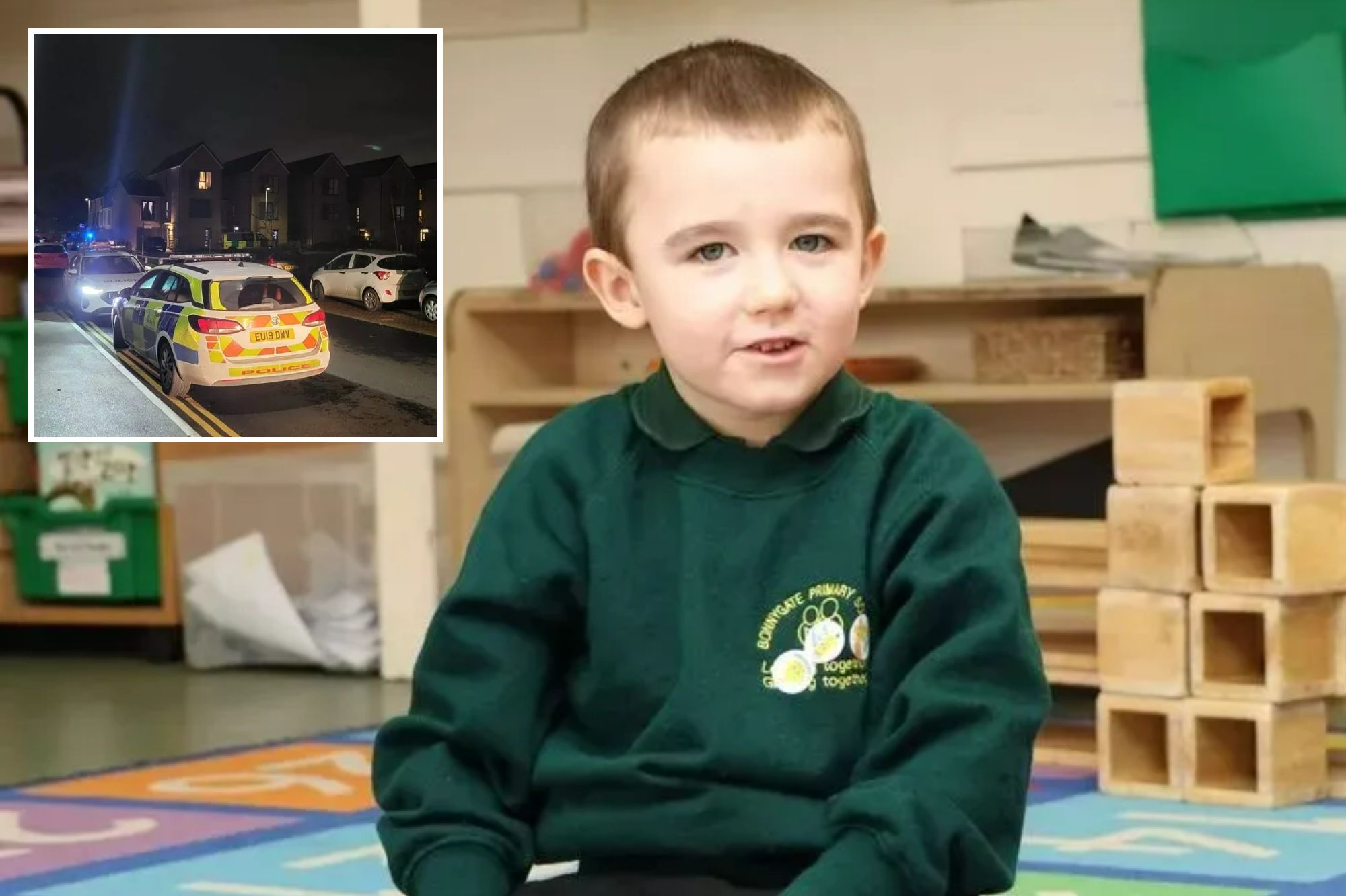 An image collage containing 2 images, Image 1 shows Lincoln Brookes sitting on a colorful mat, Image 2 shows Emergency services vehicles, including police cars and an ambulance, at night on a street in South Ockendon