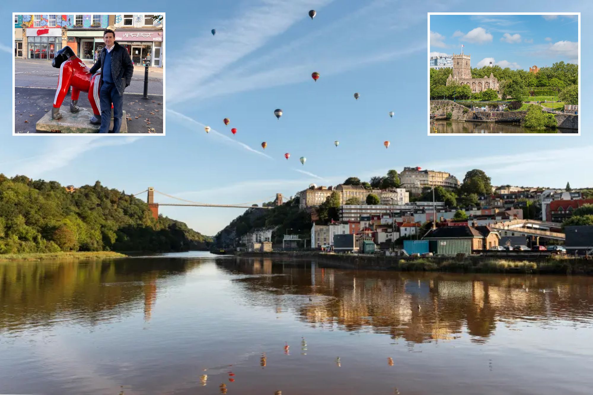 An image collage containing 3 images, Image 1 shows Balloons drift over the Clifton Suspension Bridge in Bristol, Image 2 shows Alex West in Bristol next to a red gorilla statue in front of shops with street art murals, Image 3 shows St. Peter's Church ruin in Castle Park, Bristol City Center, with a river in the foreground