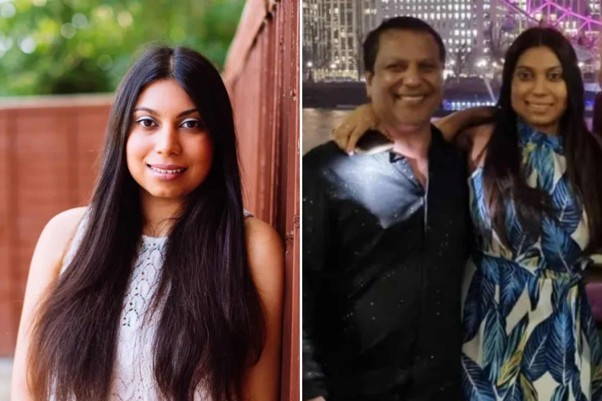 An image collage containing 2 images, Image 1 shows Julianne Ponan, 35, smiling and leaning against a wooden fence, Image 2 shows Julianne Ponan and Matthew Ford pose with another man in front of the London Eye