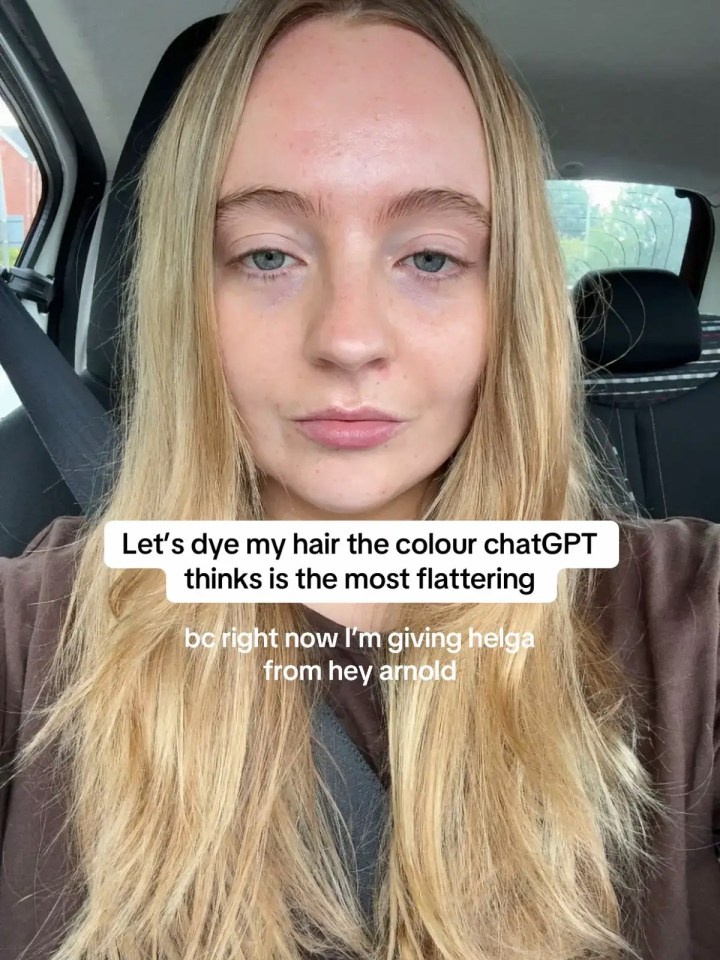 A young woman with long, blonde hair and blue eyes, with text overlay saying "Let's dye my hair the colour chatGPT thinks is the most flattering bc right now I'm giving helga from hey arnold".