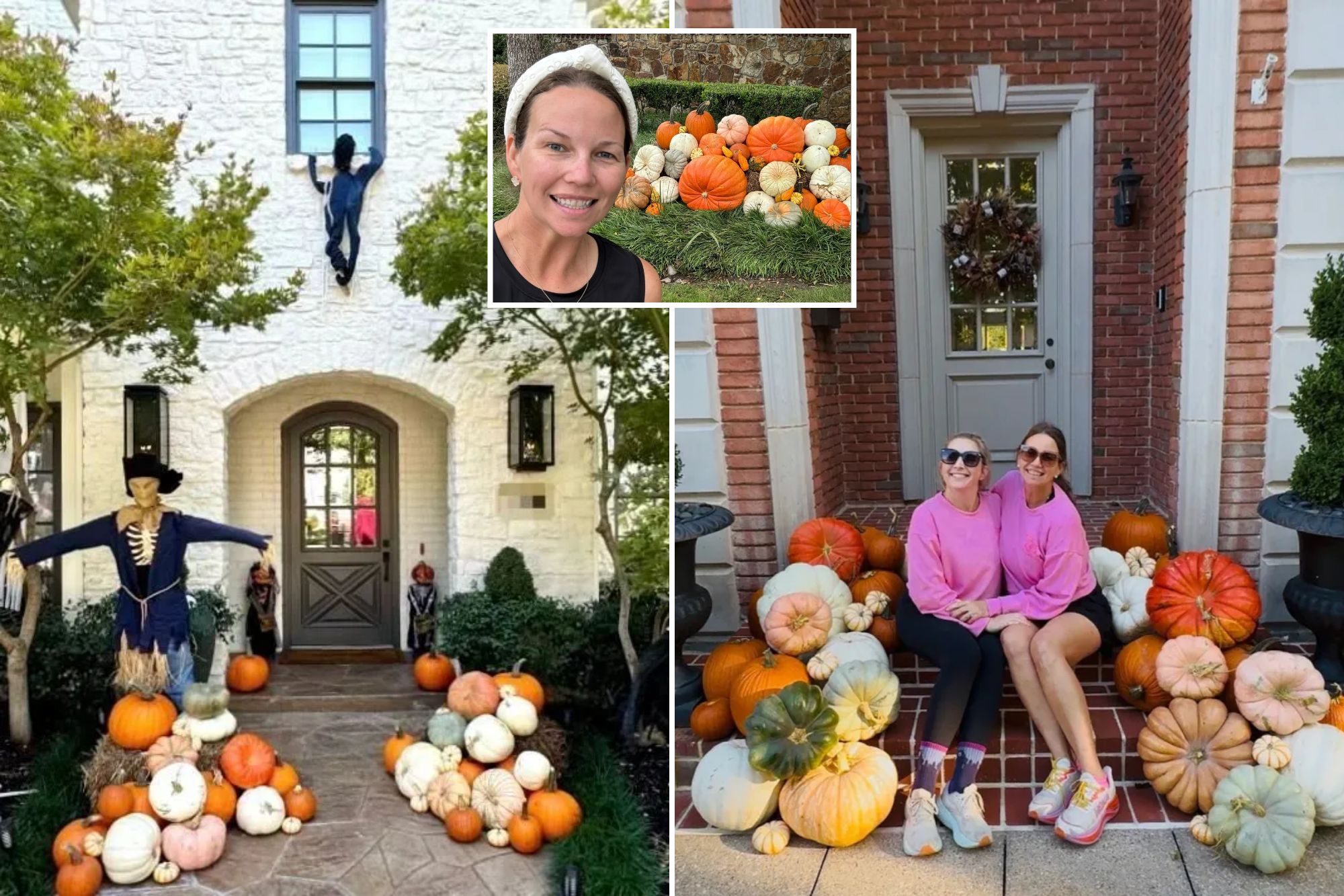 An image collage containing 3 images, Image 1 shows A porch decorated with pumpkins for Halloween, Image 2 shows Heather Torres and Leighton Gambill sitting on a porch decorated with pumpkins, Image 3 shows Heather standing next to a large pumpkin display