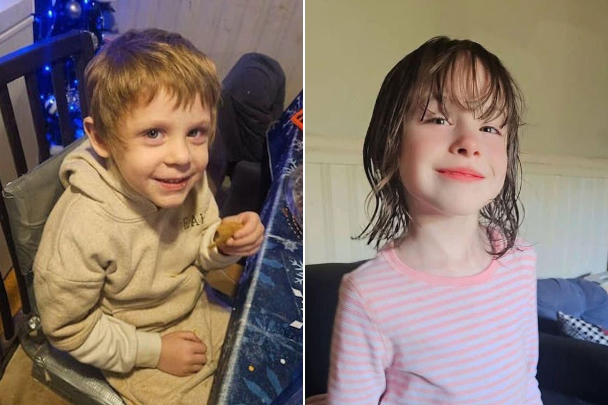 An image collage containing 2 images, Image 1 shows Jack smiling while holding food at a table with a snowflake tablecloth, Image 2 shows A smiling child with wet, dark hair and bangs, wearing a pink and white striped long-sleeved shirt