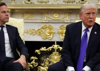 President Donald Trump speaks to reporters during a meeting with NATO Secretary General Mark Rutte in the Oval Office of the White House on Oct. 22, 2025, in Washington, D.C.