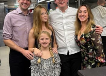 Natalie Cassidy shared a rare picture with her family as she celebrated her husband's 40th birthday with a sweet snap shared to Instagram on Sunday (picture L to R: Marc Humphreys, Eliza, Joanie, Elliott Grover and Natalie)