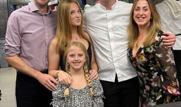 Natalie Cassidy shared a rare picture with her family as she celebrated her husband's 40th birthday with a sweet snap shared to Instagram on Sunday (picture L to R: Marc Humphreys, Eliza, Joanie, Elliott Grover and Natalie)