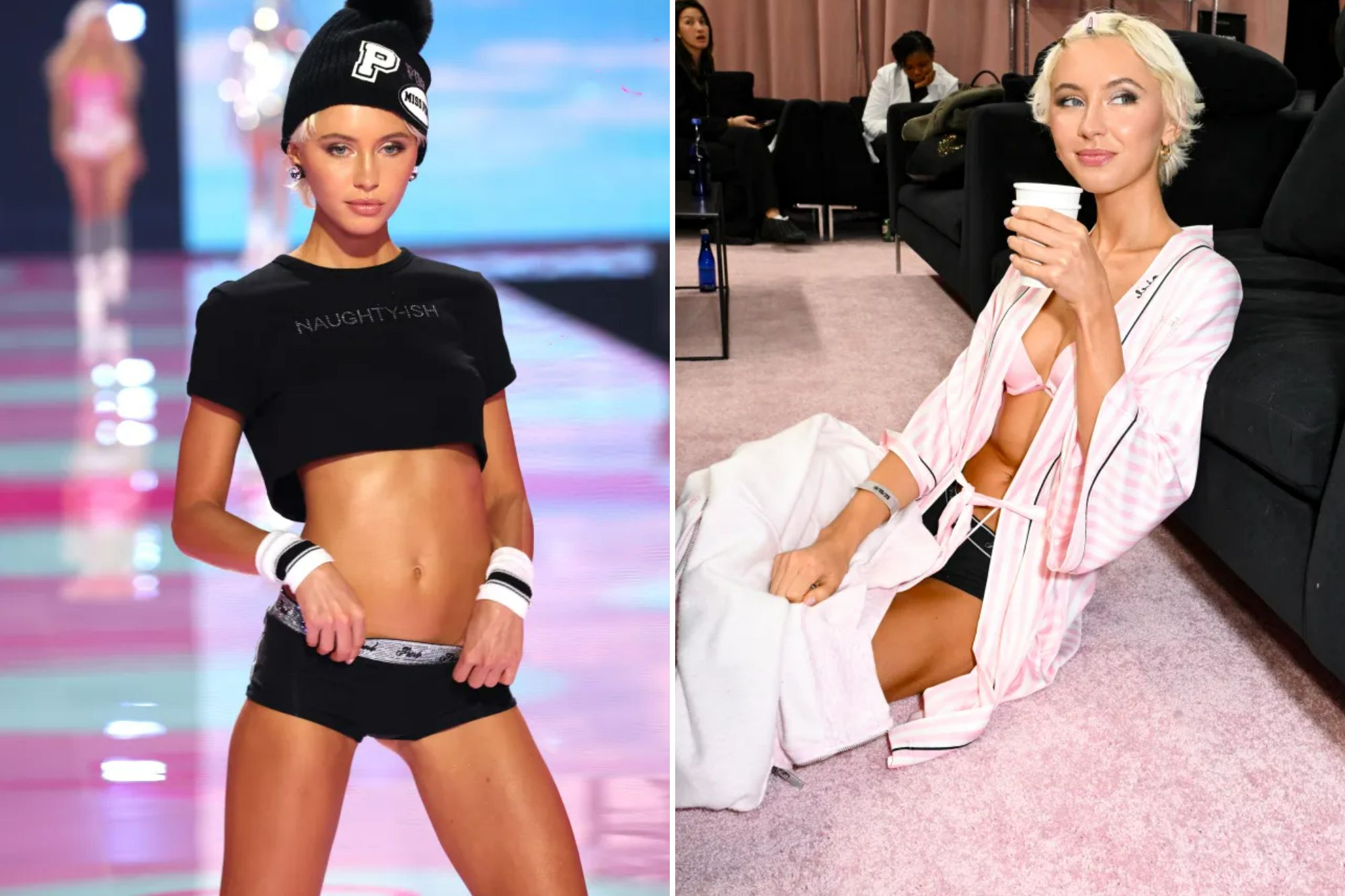 An image collage containing 2 images, Image 1 shows Iris Law on the runway for Victoria's Secret Fashion Show 2025, Image 2 shows Iris Law on the runway at the 2025 Victoria's Secret Fashion Show