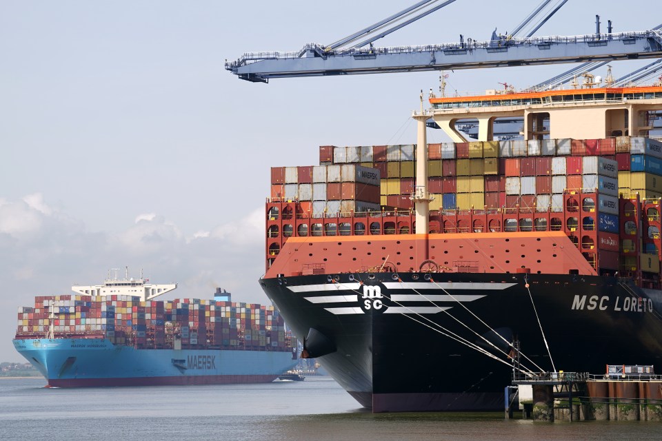 MSC Loreto docked at Felixstowe port, with Maersk Horsburgh passing in the background.