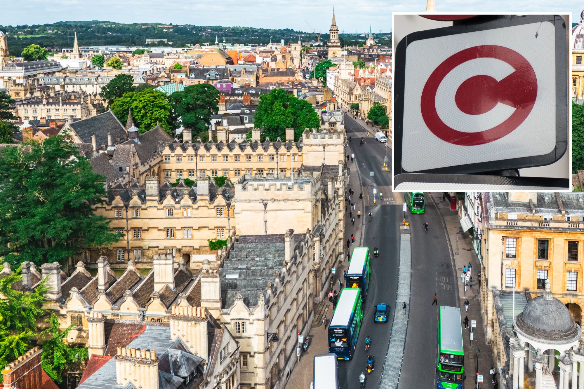 An image collage containing 2 images, Image 1 shows Aerial view of historical buildings in Oxford, UK, with a street and traffic running through the city, Image 2 shows Road signs for 20 mph speed limit, congestion charge, and speed camera