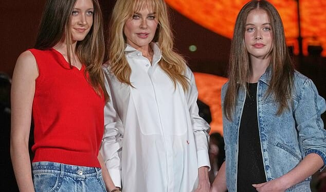 Nicole Kidman was supported by her children on Monday evening as she made her second notable public appearance since confirming the end of her marriage (L-R: Sunday Rose Urban, Nicole Kidman and Faith Margaret Urban)