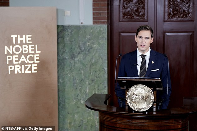 Chairman of the Norwegian Nobel Committee Jorgen Watne Frydnes addresses journalists to announce the winner of the 2025 Nobel Peace Prize in Oslo on Friday