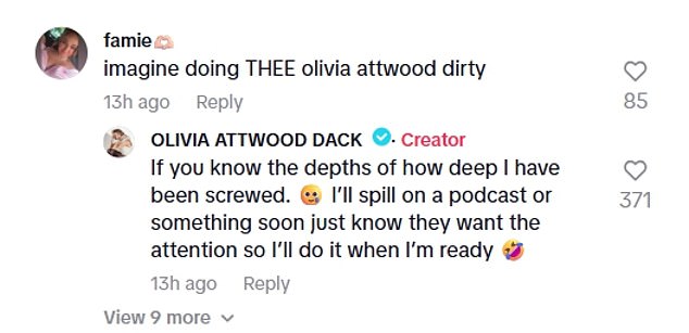 When a fan took to the comment section of the clip to share their shock, Olivia revealed that she is considering revealing who the video is about during a podcast in the near future