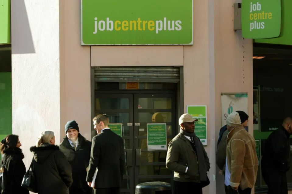 An image collage containing 1 images, Image 1 shows People waiting outside a Jobcentre Plus unemployment office