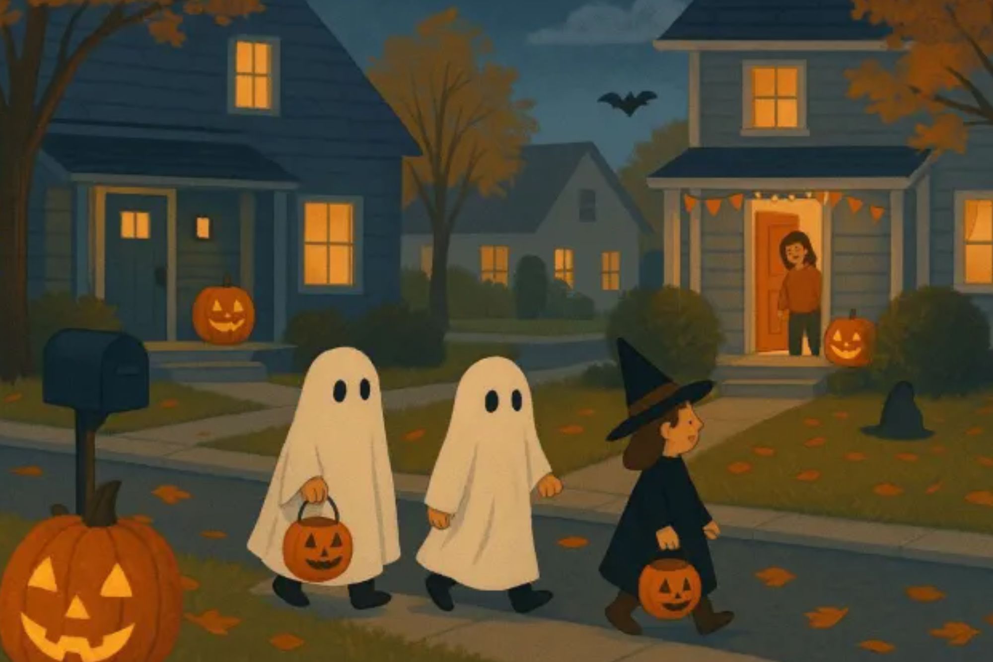 An image collage containing 1 images, Image 1 shows Illustration of a Halloween spot-the-difference puzzle with two images of trick-or-treaters on a street