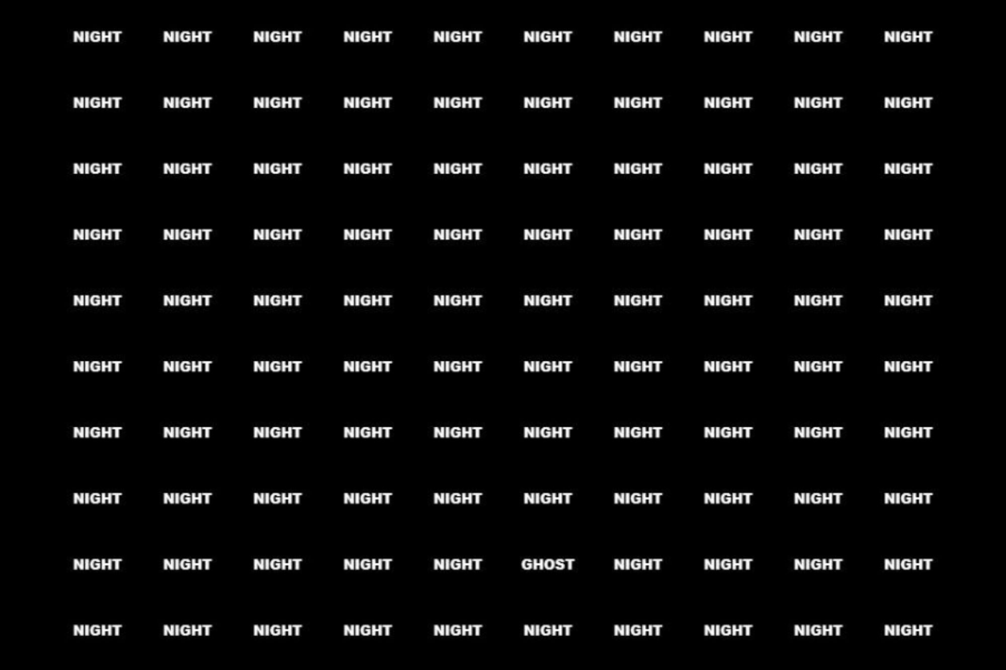 An image collage containing 1 images, Image 1 shows The word "GHOST" hidden among multiple instances of the word "NIGHT"
