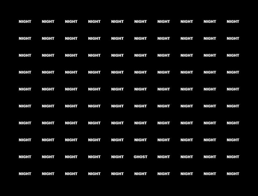 A visual puzzle with the word "GHOST" hidden among multiple occurrences of the word "NIGHT".