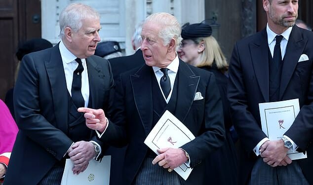 The Royal Family is bracing for more days of pain ahead over the Prince Andrew scandal. Pictured: Andrew, King Charles and Prince William at the funeral of the Duchess of Kent at Westminster Cathedral on September 16