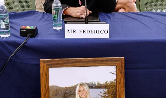 A heartbroken Stephen Federico speaks at the House Judiciary Subcommittee on Oversight field on violent crime in Charlotte, North Carolina Sept. 29 as a framed photo of his daughter, Logan Federico, 22, is on display. Logan's mother Melissa and brother Jacob are also present