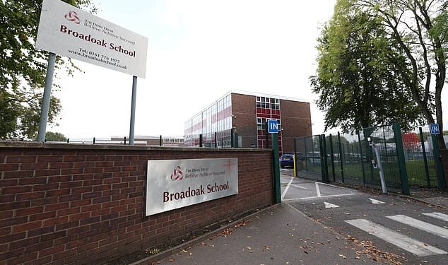 Broadoak School (pictured), in Partington, Greater Manchester, has launched an investigation into comments allegedly made to pupils on Friday morning following complaints by parents
