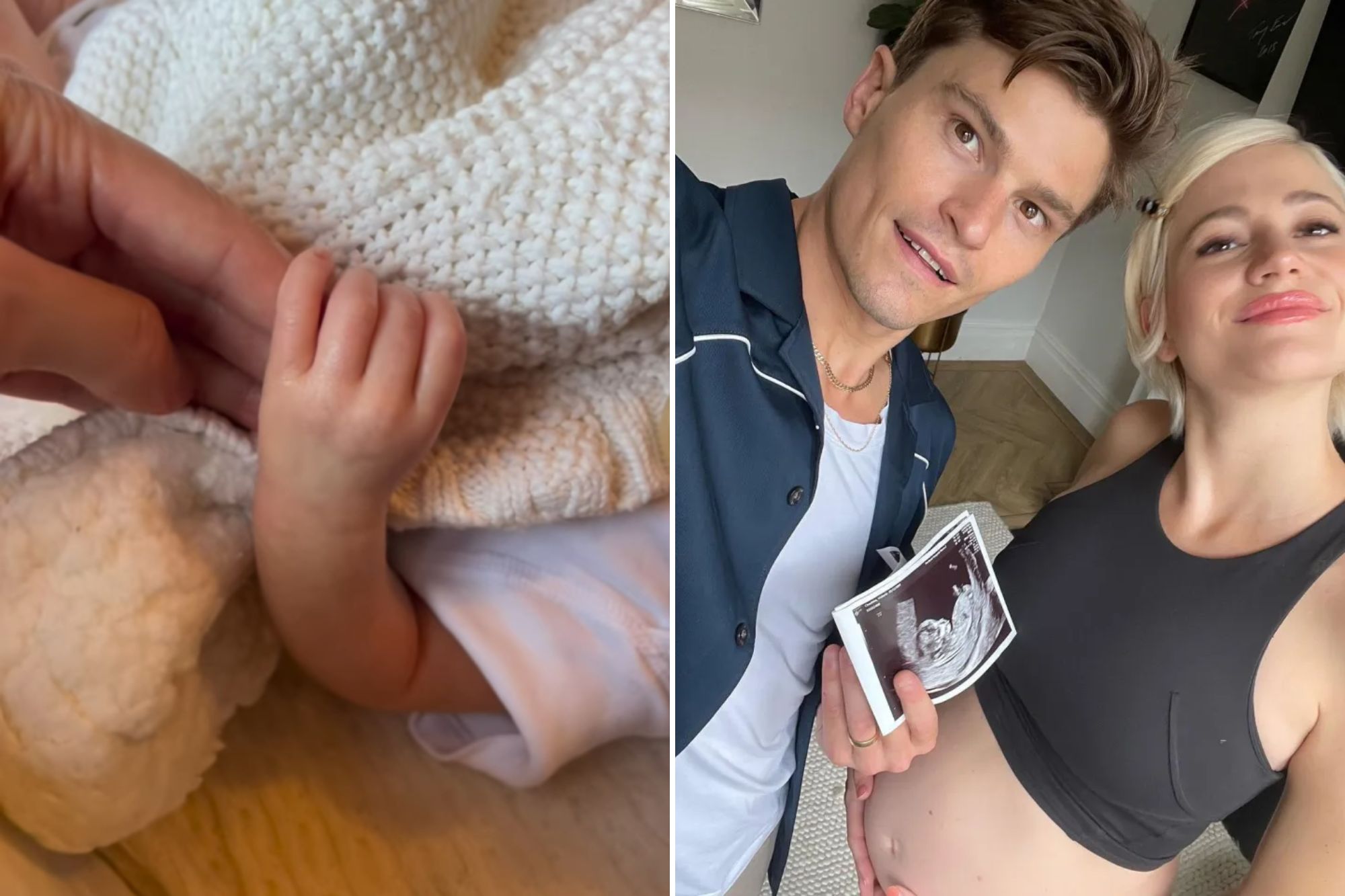 An image collage containing 2 images, Image 1 shows A baby's hand grasping an adult's finger, Image 2 shows Pixie Lott and her husband Oliver Cheshire holding up a baby ultrasound photo, revealing her pregnancy