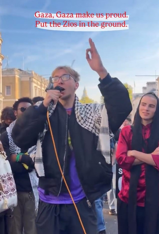 Samuel Williams led the chants at a pro-Palestine demonstration in Central London on Saturday