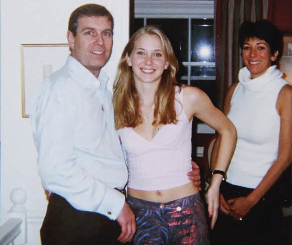 Prince Andrew with his arm around Virginia Giuffre's waist, and Ghislaine Maxwell standing to their right.