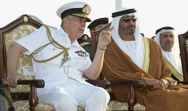 Prince Andrew attends a military air display event on November 25, 2010 in Abu Dhabi with Mohammed bin Zayed Al Nahyan, the Crown Prince of Abu Dhabi. Multiple sources have claimed Andrew has been gifted a palace by the ruling house of Nahyan