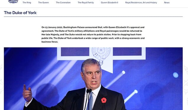 Prince Andrew's Duke of York title is scrubbed from the Royal family's website