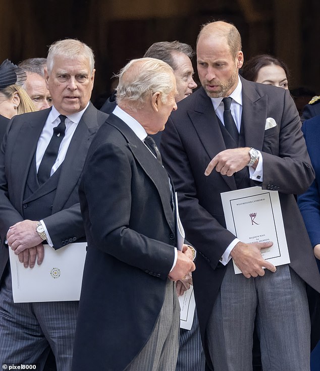 Prince William is the driving force behind acting decisively to strip Andrew of his dukedom and other honours, Andrew Lownie has claimed (Pictured: with Andrew at the Duchess of Kent's funeral last month)