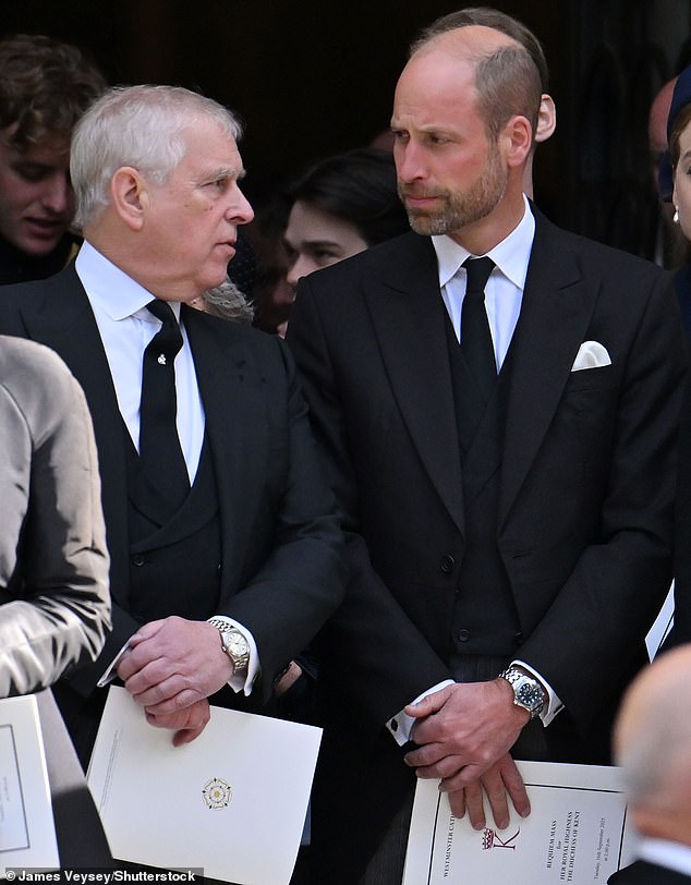 Prince William is considering formally stripping Prince Andrew (pictured together at the Duchess of Kent's funeral last month) of his Prince, HRH and Duke of York titles when he ascends to the throne, it's claimed