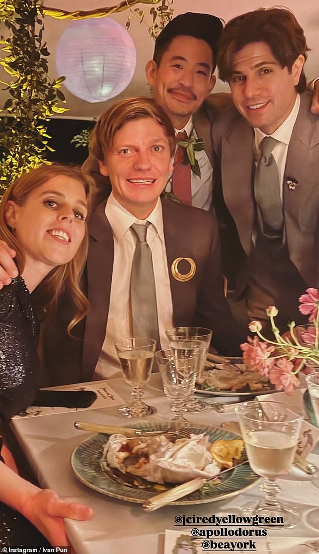 The King's niece (left) was among guests at the wedding of her long-time confidant James Green, 37, (centre) and James Hirschfeld, 39, (right) the American co-founder of digital invitations company Paperless Post, in Long Island, New York