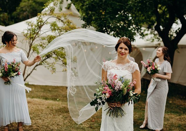 The summer wedding took place on a drizzly day in July just a short drive away from her old school