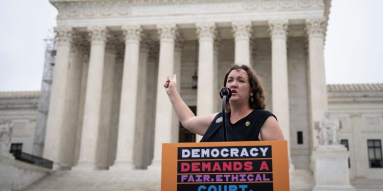 Rep. Katie Porter speaks during a rally outside of the U.S. Supreme Court in Washington, DC, on June 22, 2023.