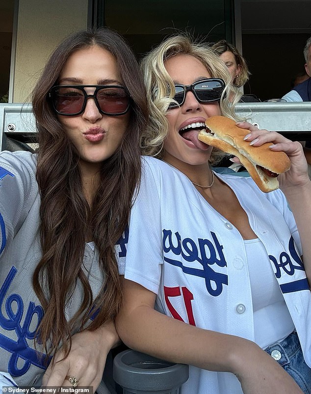 Sydney Sweeney had a cheeky moment with a hot dog as she posed for fun snaps at the LA Dodgers game on Tuesday