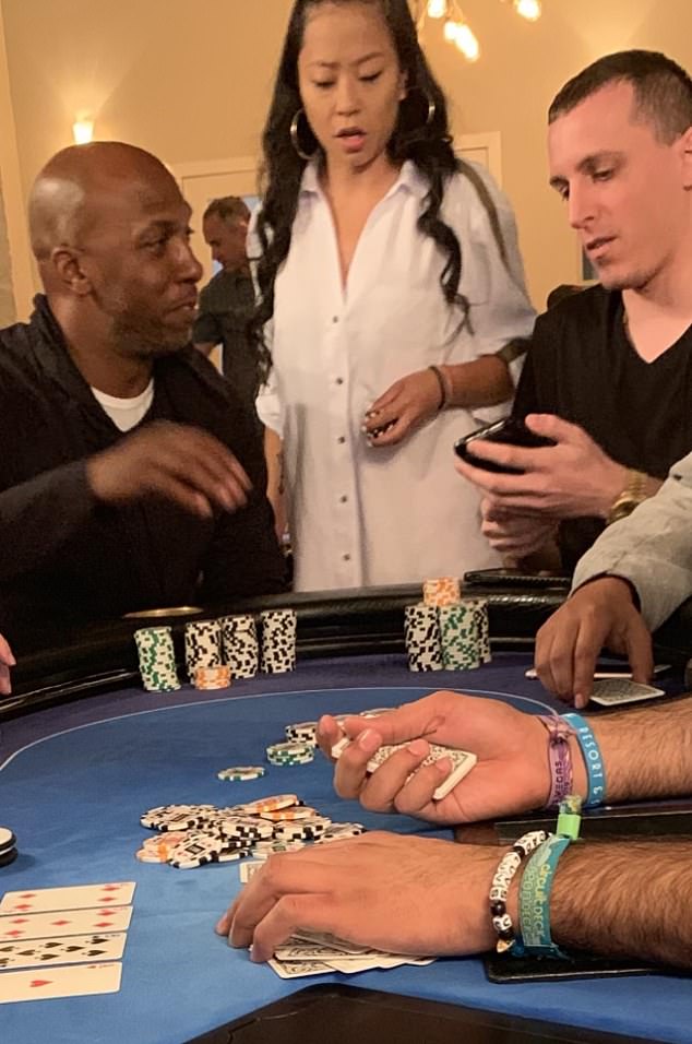 Chauncey Billups (left) was arrested for the alleged illegal gambling operation. The NBA star is pictured playing poker alongside Sophia Wei and Saul Becher, who have also been named by prosecutors