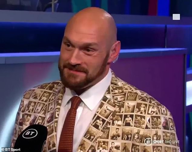 While Fury was presenting then-BT Sports' coverage of Daniel Dubois' victory over Ricardo Snijders in 2020, Fury wore a similar suit featuring dozens of images of boxers through the ages - which Hatton hilariously mocked