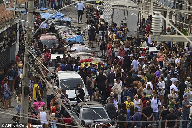 Bodies are seen lined up on Sao Lucas Square of the Vila Cruzeiro favela at the Penha complex in Rio de Janeiro, Brazil, on October 29, 2025