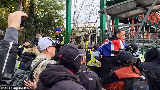 The anti-immigration protest erupted after an onlooker reportedly threw a bottle into the crowd