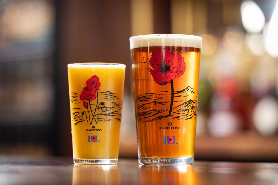 Two limited-edition pint and half-pint glasses, designed by Colin Waite, for Marston's and the Royal British Legion's Poppy Appeal.