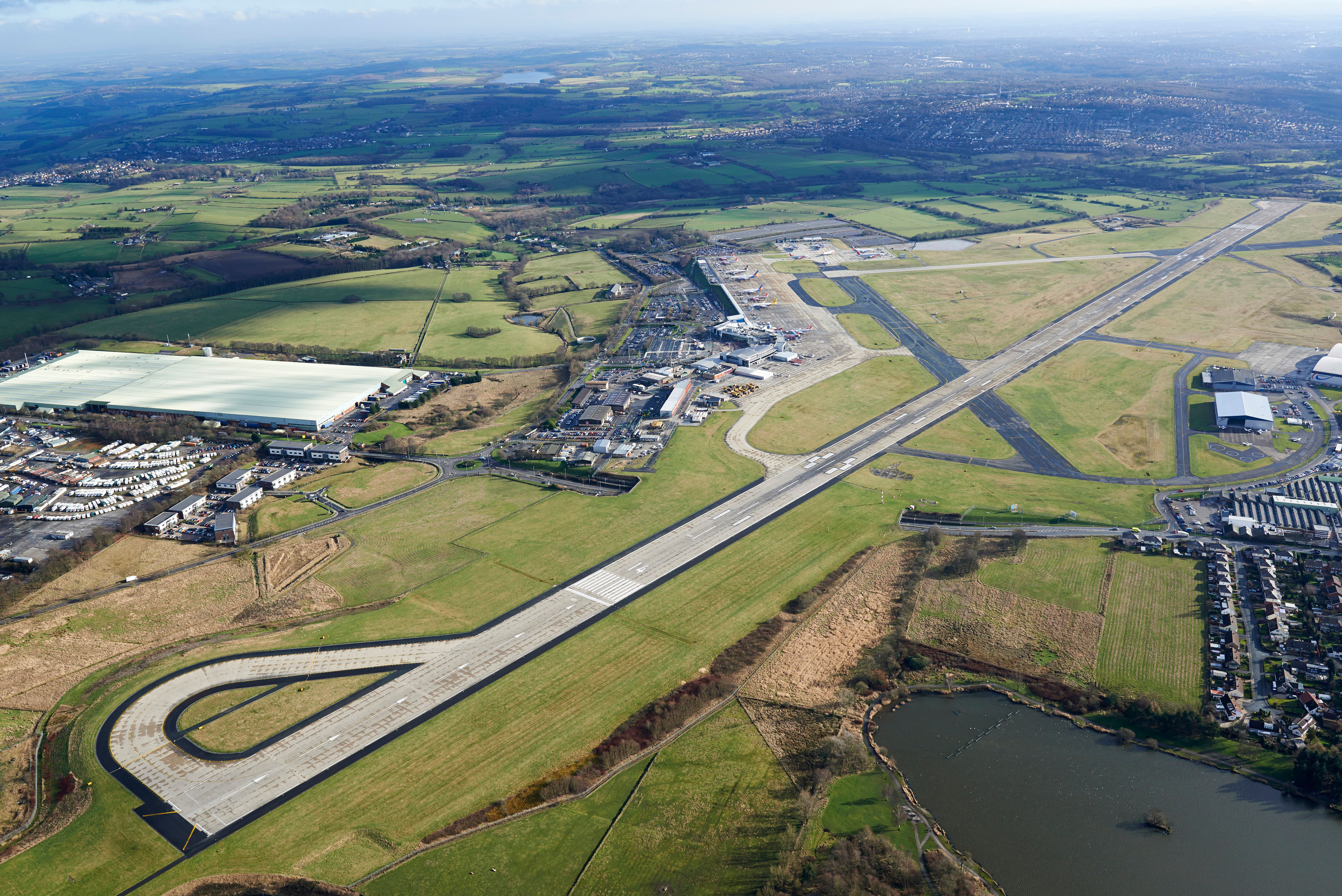 Leeds Bradford Airport, a pilots eye view from the air, showing the main runway, Yorkshire, England, UK