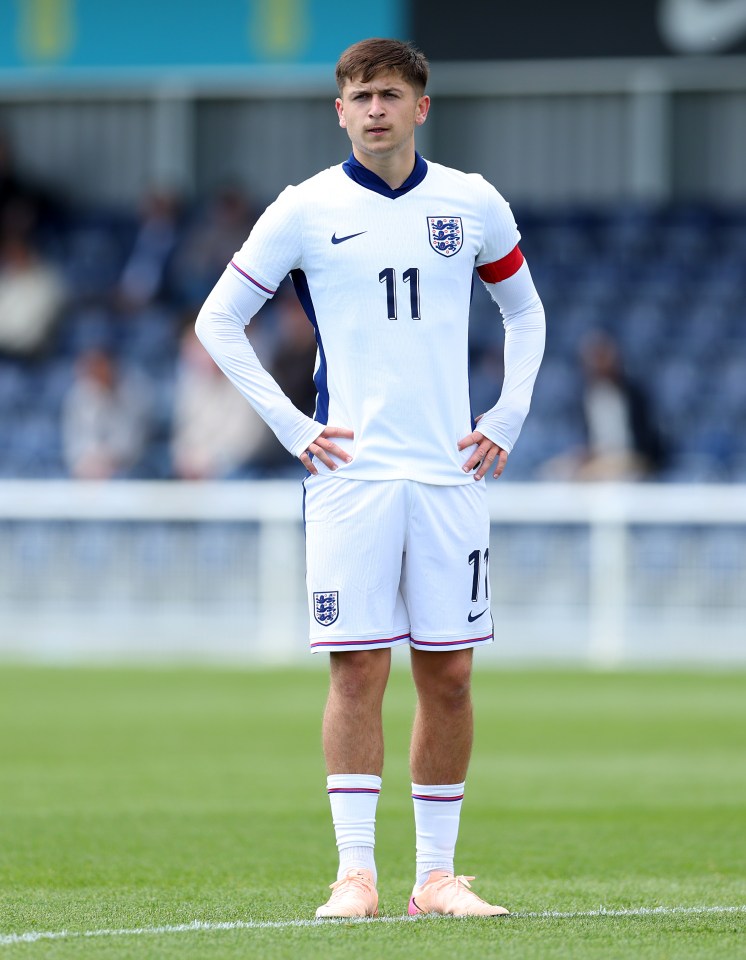 Mikey Moore of England looking on during the Men's U19 international between England and Iceland.