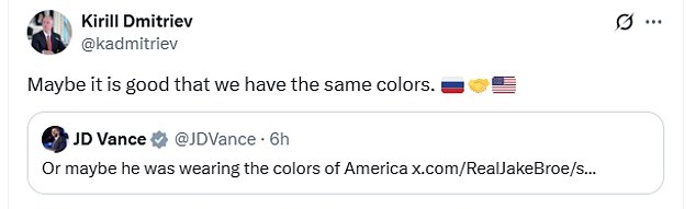 Dmitriev also appeared to mock Vice President JD Vance after he pushed back on claims that Hegseth wore a Russian tie