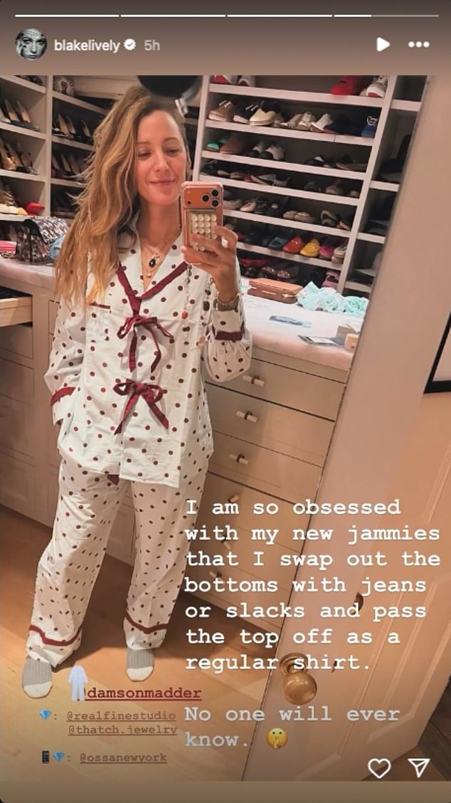 Reynolds' loved-up selfie with Lively comes just days after she shared a slice-of-life post with her 42.5 million followers, showing off her preferred brand of pajamas